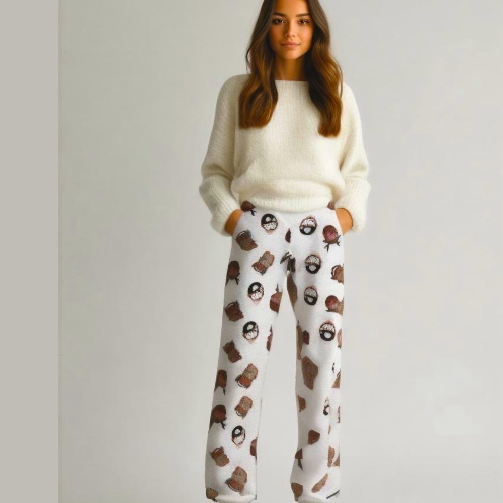 White Christmas Fleece Pants with Reindeer Penguin Fox Size Large